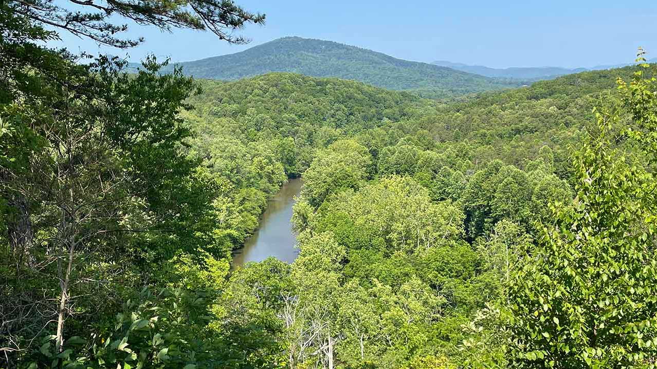 Breathtaking panoramic view of a winding river cutting through a dense forest, with rolling mountains stretching across the horizon. The lush green foliage blankets the landscape, creating a serene and untouched natural setting. The vantage point offers a stunning overlook, capturing the beauty of the river valley nestled among the Blue Ridge Mountains.