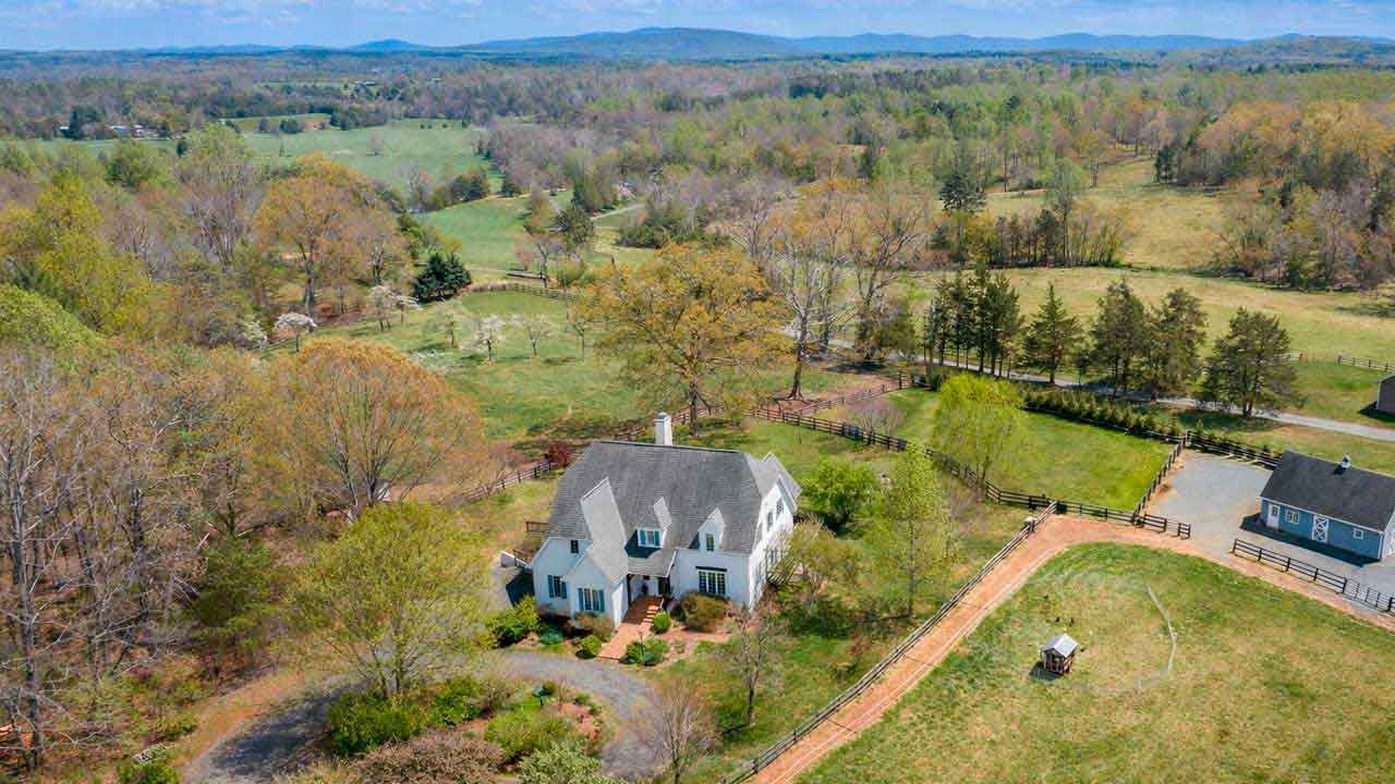 Central Virginia country property with a farmhouse, open land, and vineyard rows