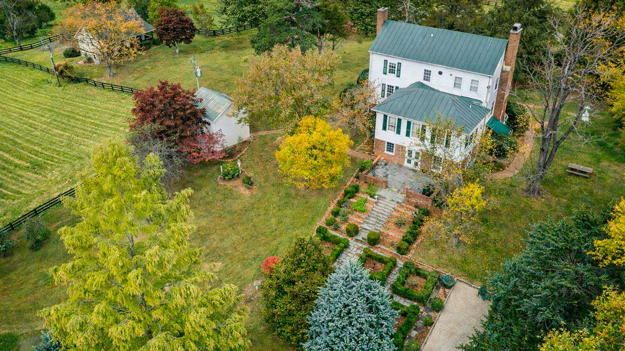 Aerial view of c.1840 Mill Hill Farm in Nelson County